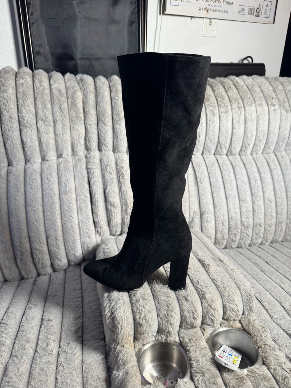 Women's Black Suede Knee-High Block Heel Boots